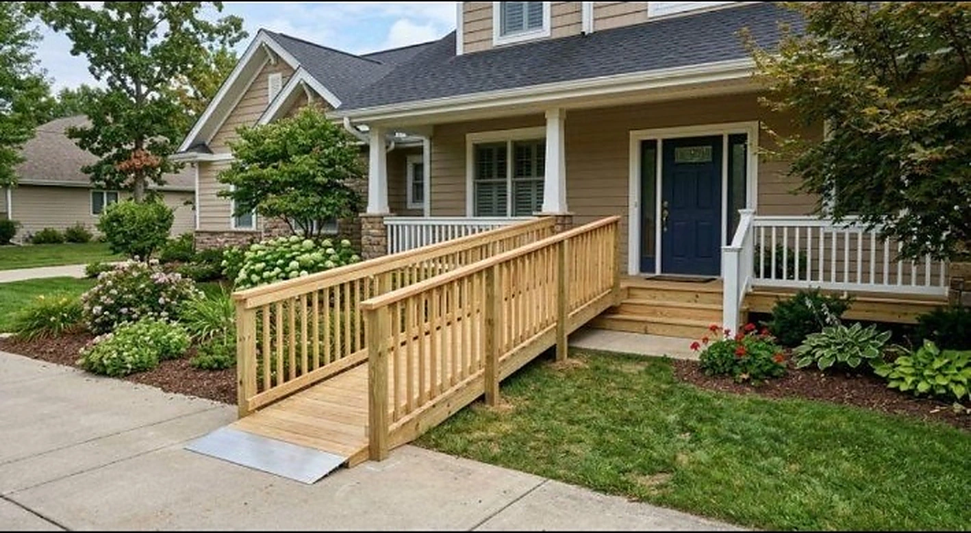 Attractive residential accessibility ramp integrated beside existing front steps
