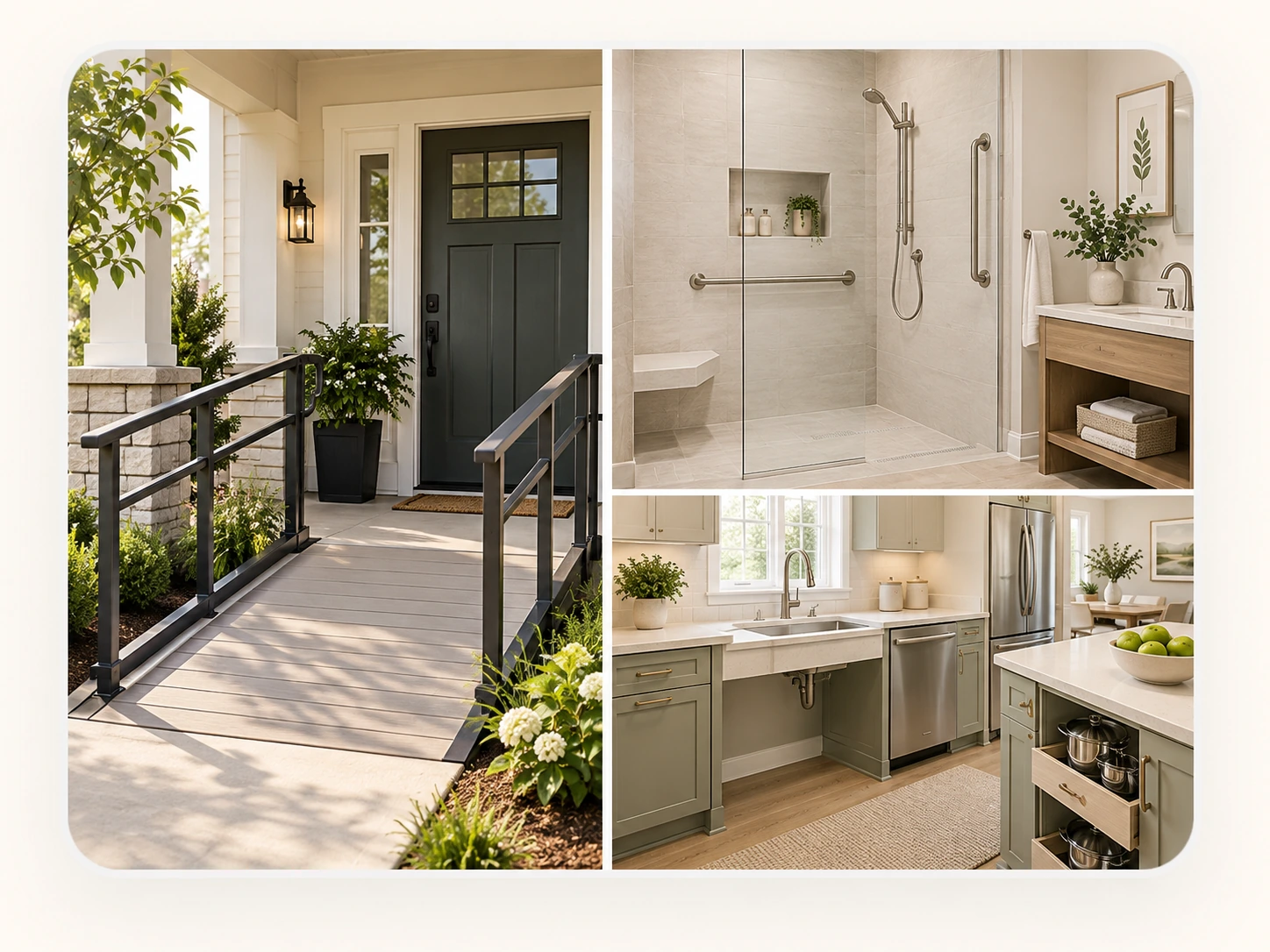 Collage showing a residential accessibility ramp, zero-entry shower, and accessible kitchen