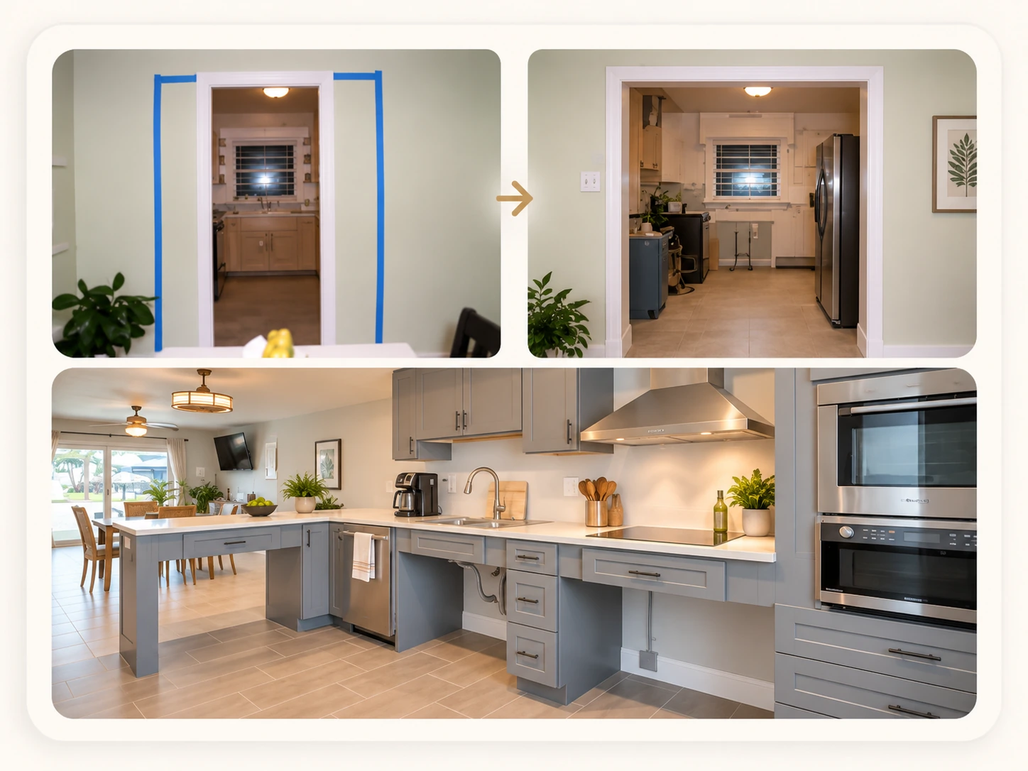 Collage showing a doorway widening transformation and an accessible kitchen modification