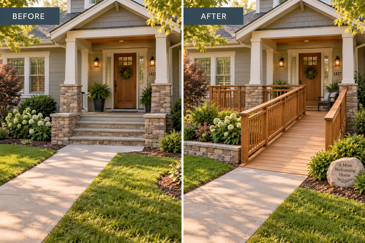 Before and after front porch showing steps replaced with a wooden accessibility ramp