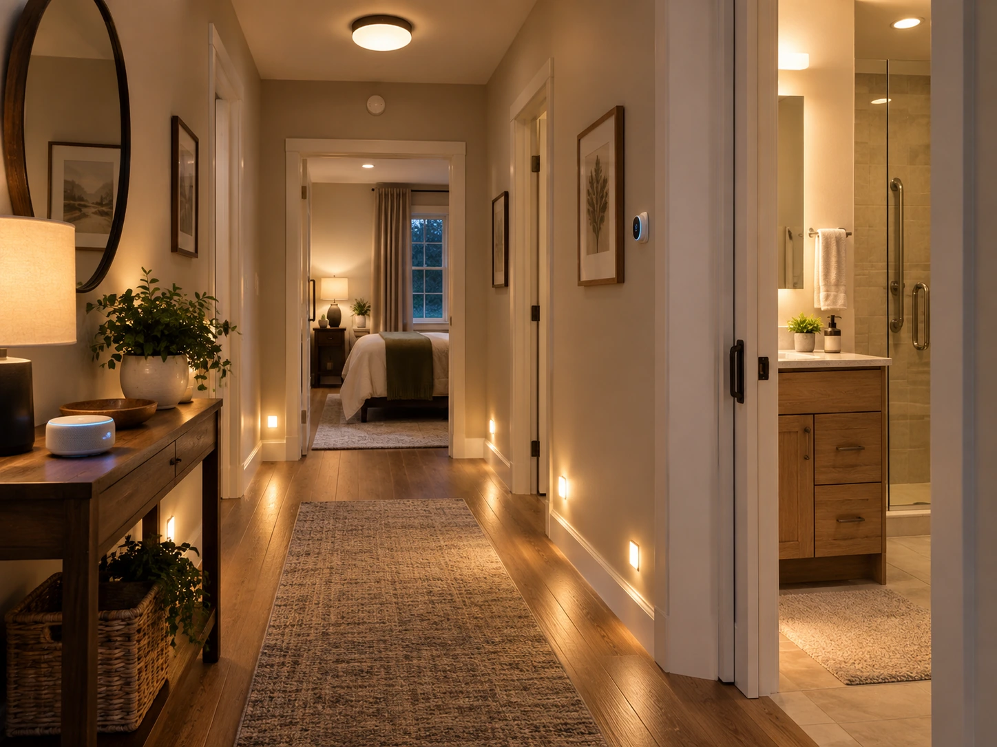 Warm motion-sensor and voice-activated hallway lighting