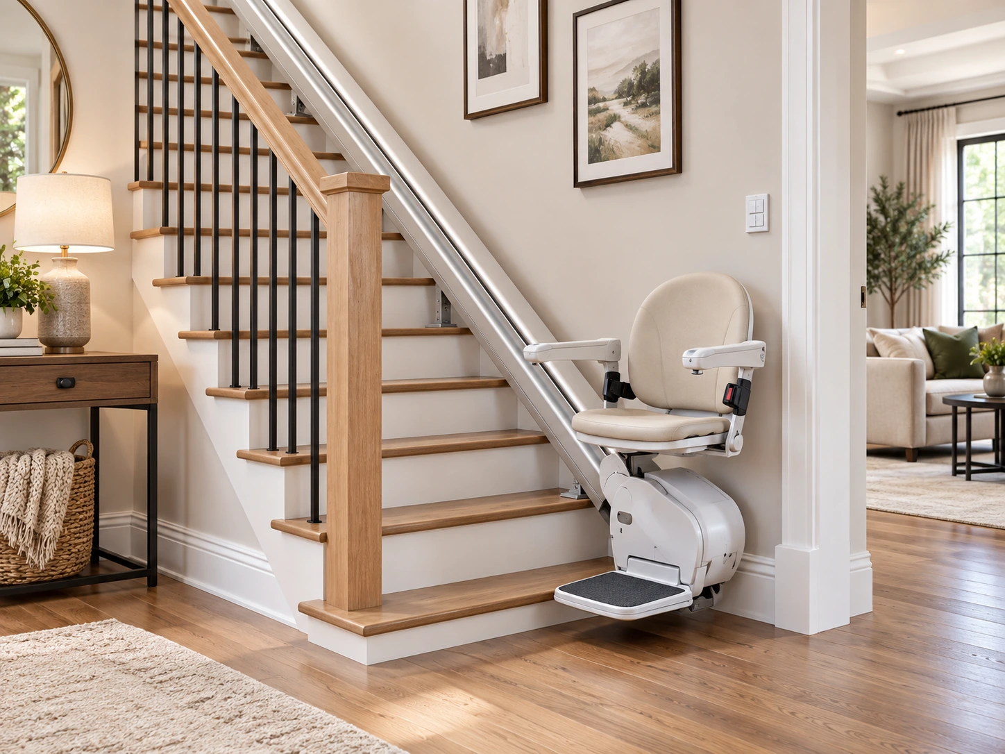 Modern residential stairlift integrated into a warm, updated foyer