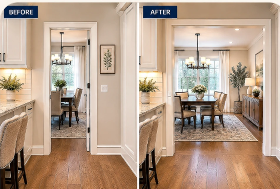 Before and after widened doorway with refrigerators removed from both views