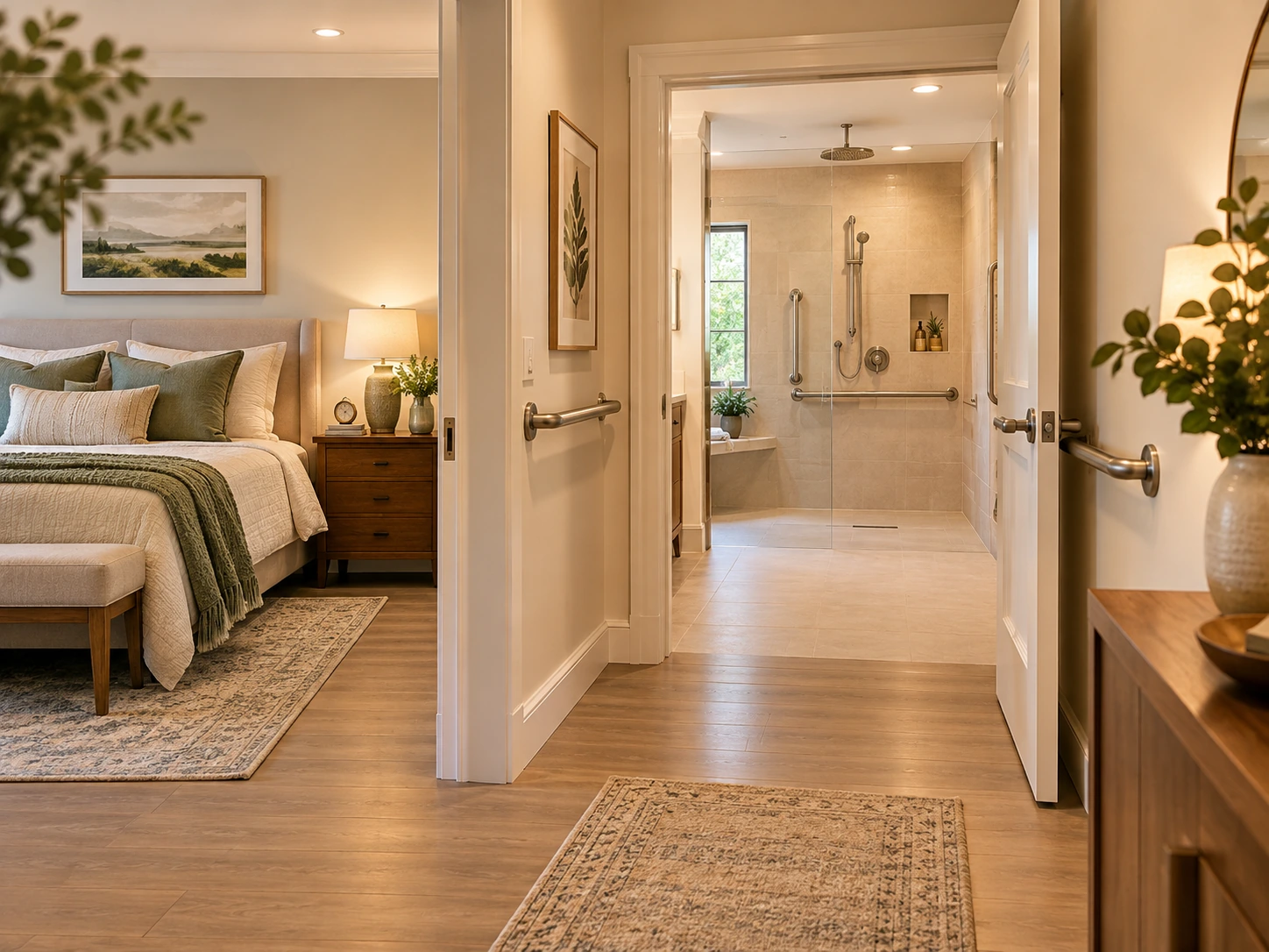 Aging-in-place bedroom and zero-entry bathroom with wide access, grab bars, built-in shower seating, lever handles, and improved lighting